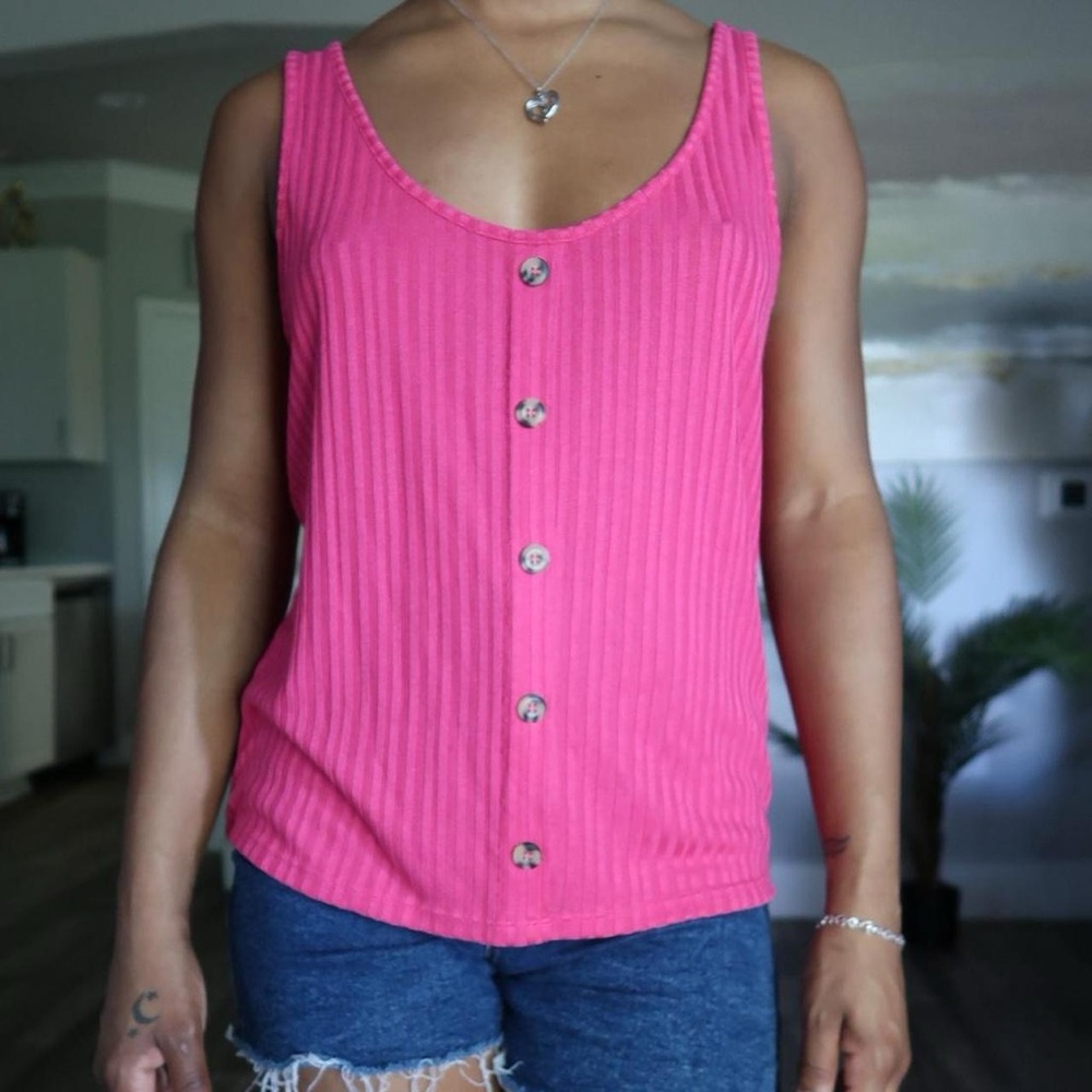 H&M Ribbed Button-Front Tank Top in Hot Pink